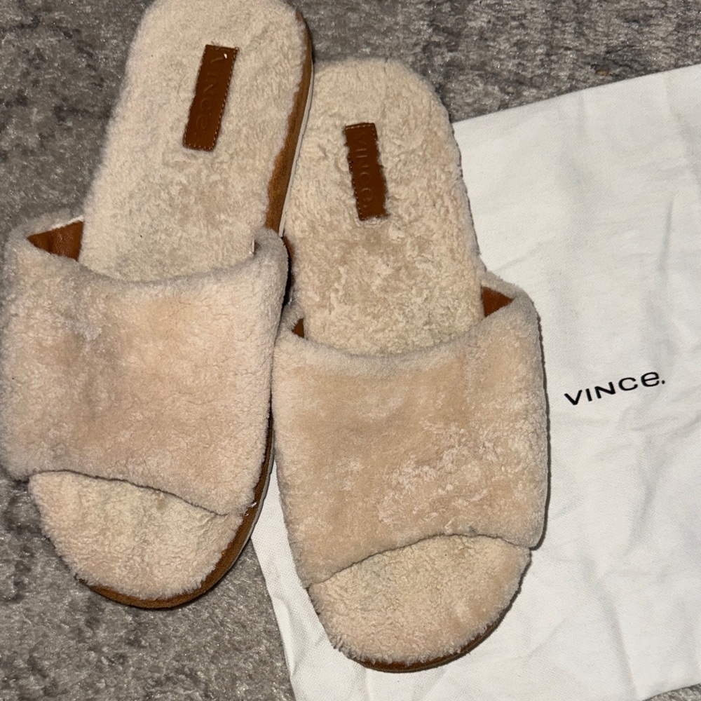 Vince Women's Tan Plush Slide Slippers